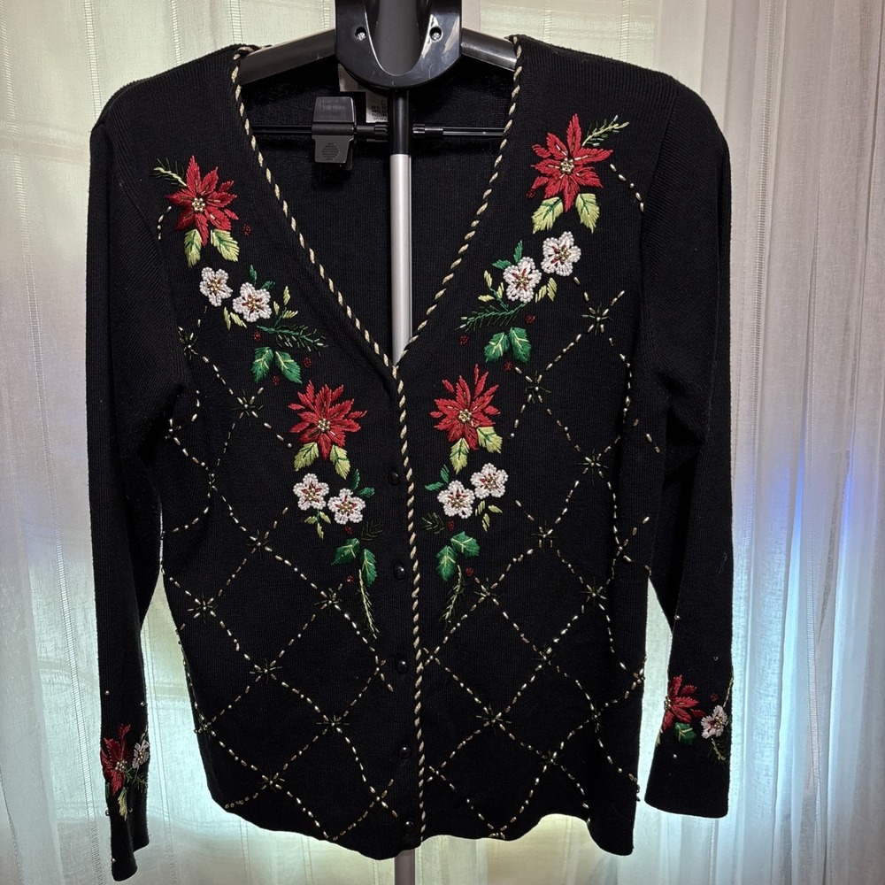 VTG Kikit Maurice Women Christmas Embroidered Floral Sweater Cardigan Large